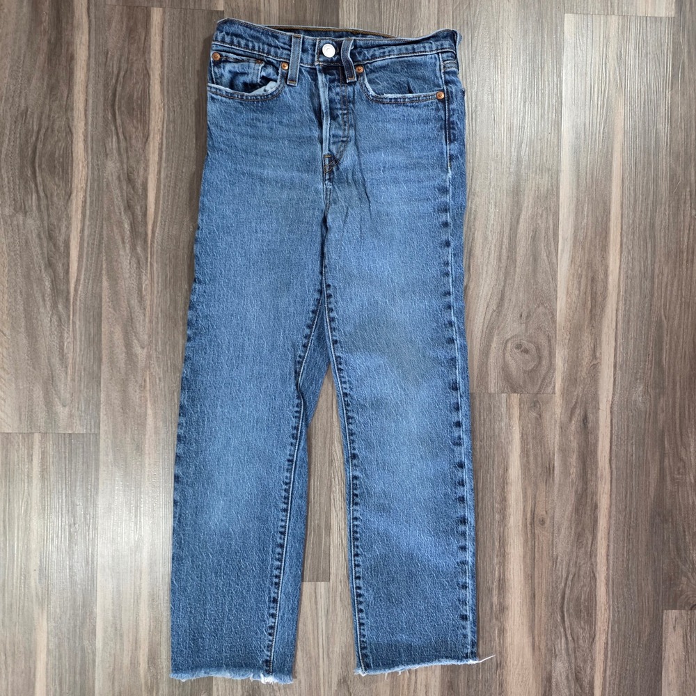 Levis Premium Wedgie Straight Jeans Blue Raw Hem Button Fly Size 24 W24 L26